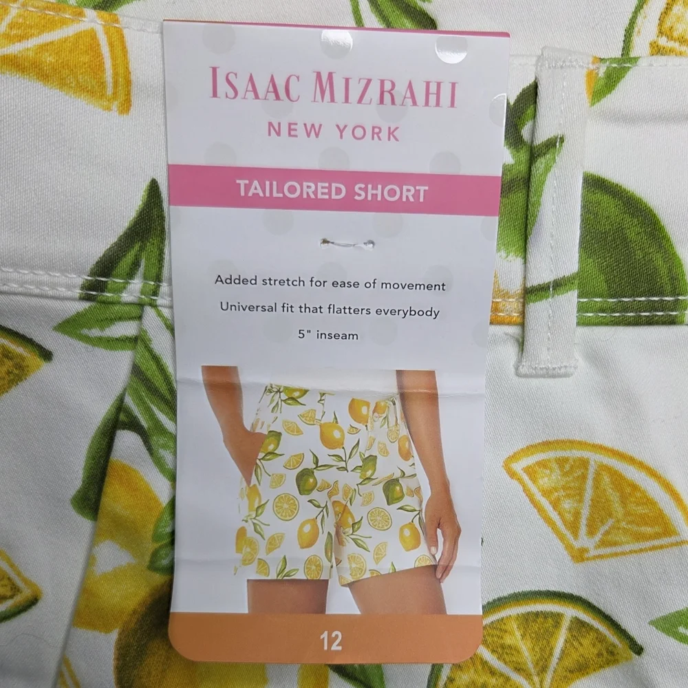 Isaac Mizrahi NWT Lemon Lime AOP Tailored Shorts Stretch Vibrant Tropical 12
